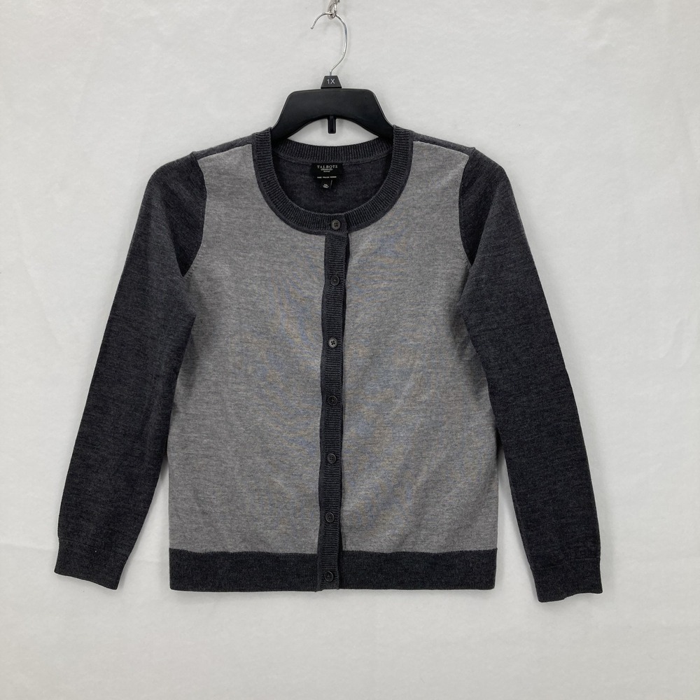 Talbots Cardigan Sweater Womens Medium Petite Gray Colorblock Merino Wool Button